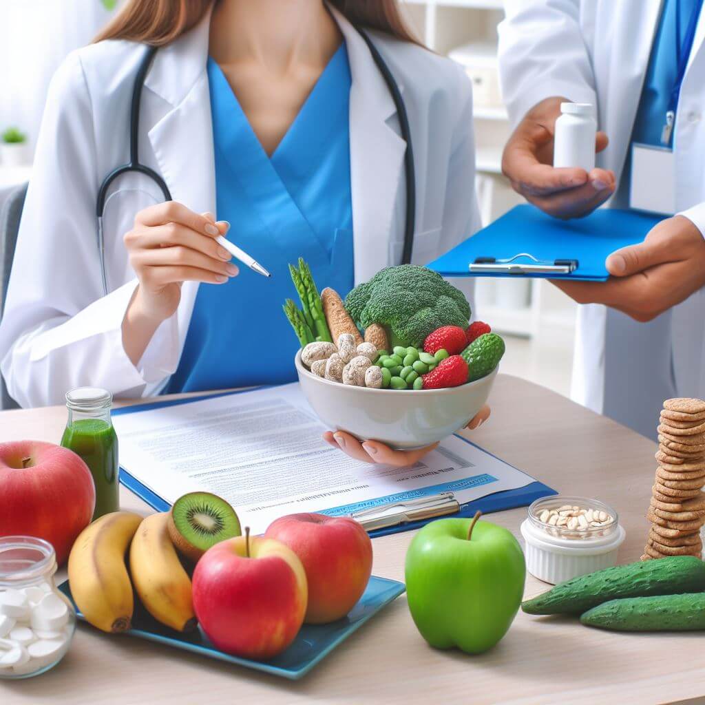 nutriologo asesorando en consulta con alimentos y medicamentos